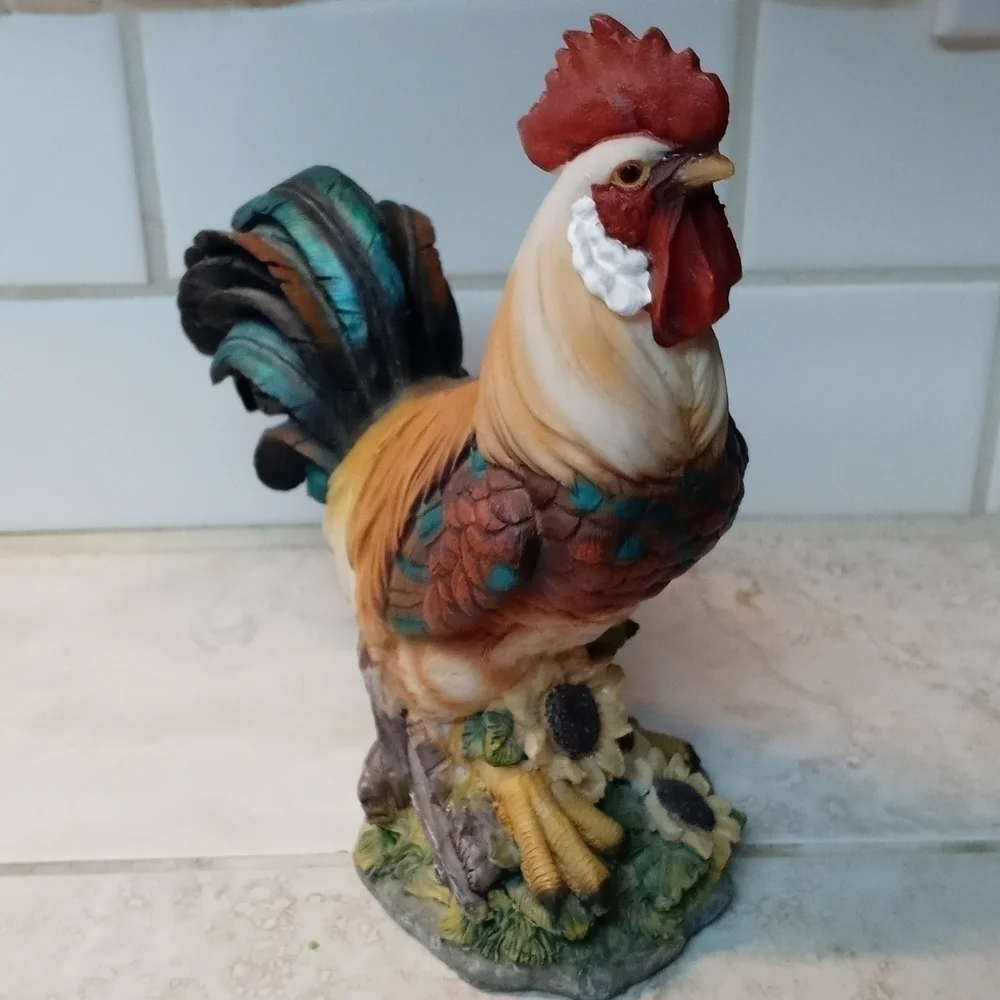 Farm decor rooster with sunflowers and a beautiful blue tail